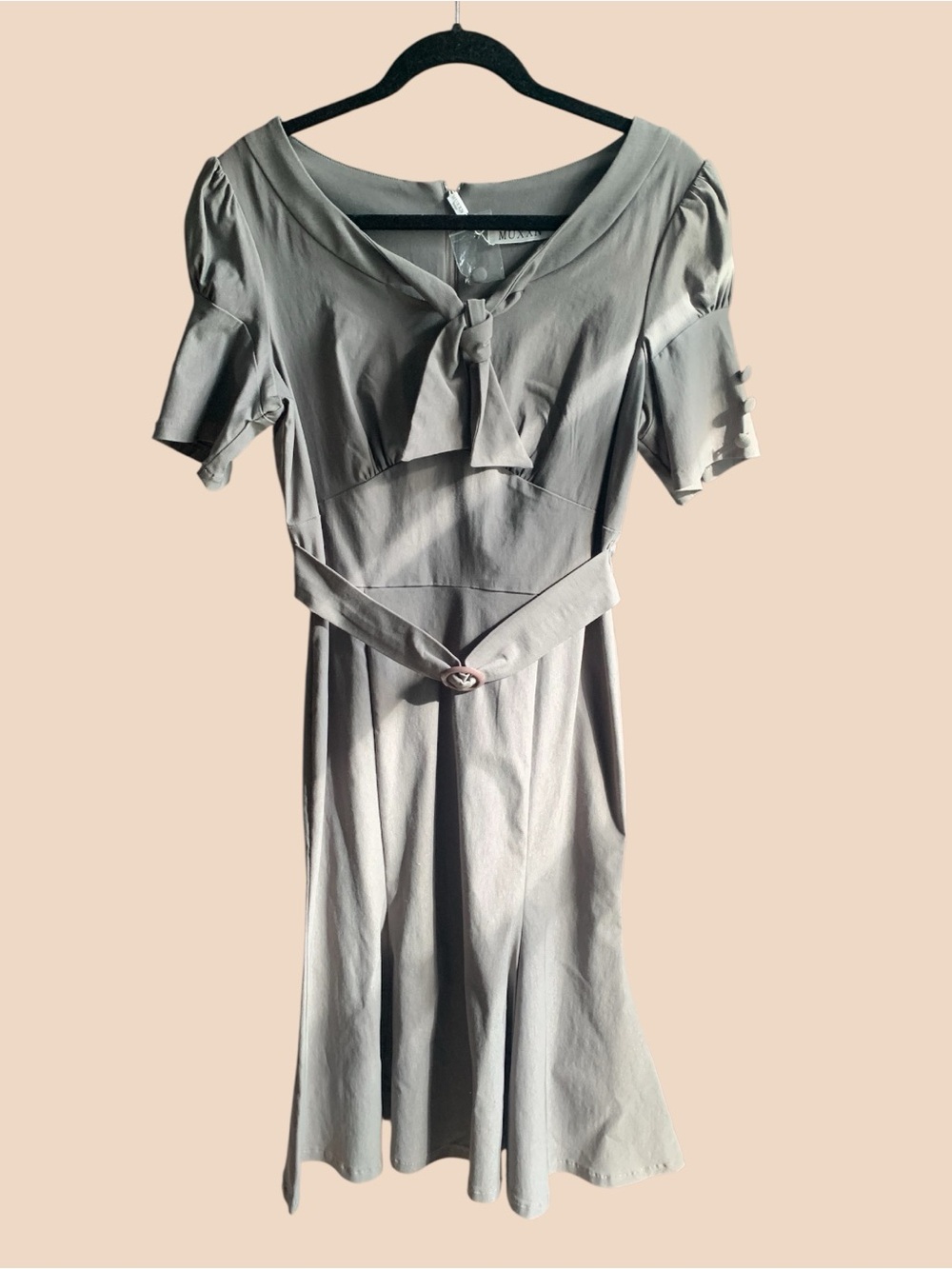 Midi Tie-Front Dress in Light Gray with Belt